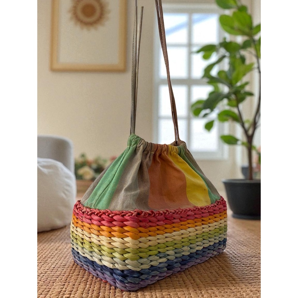 Sun n Sand Rainbow Woven‎ Straw Drawstring Bucket Bag Shoulder Bag